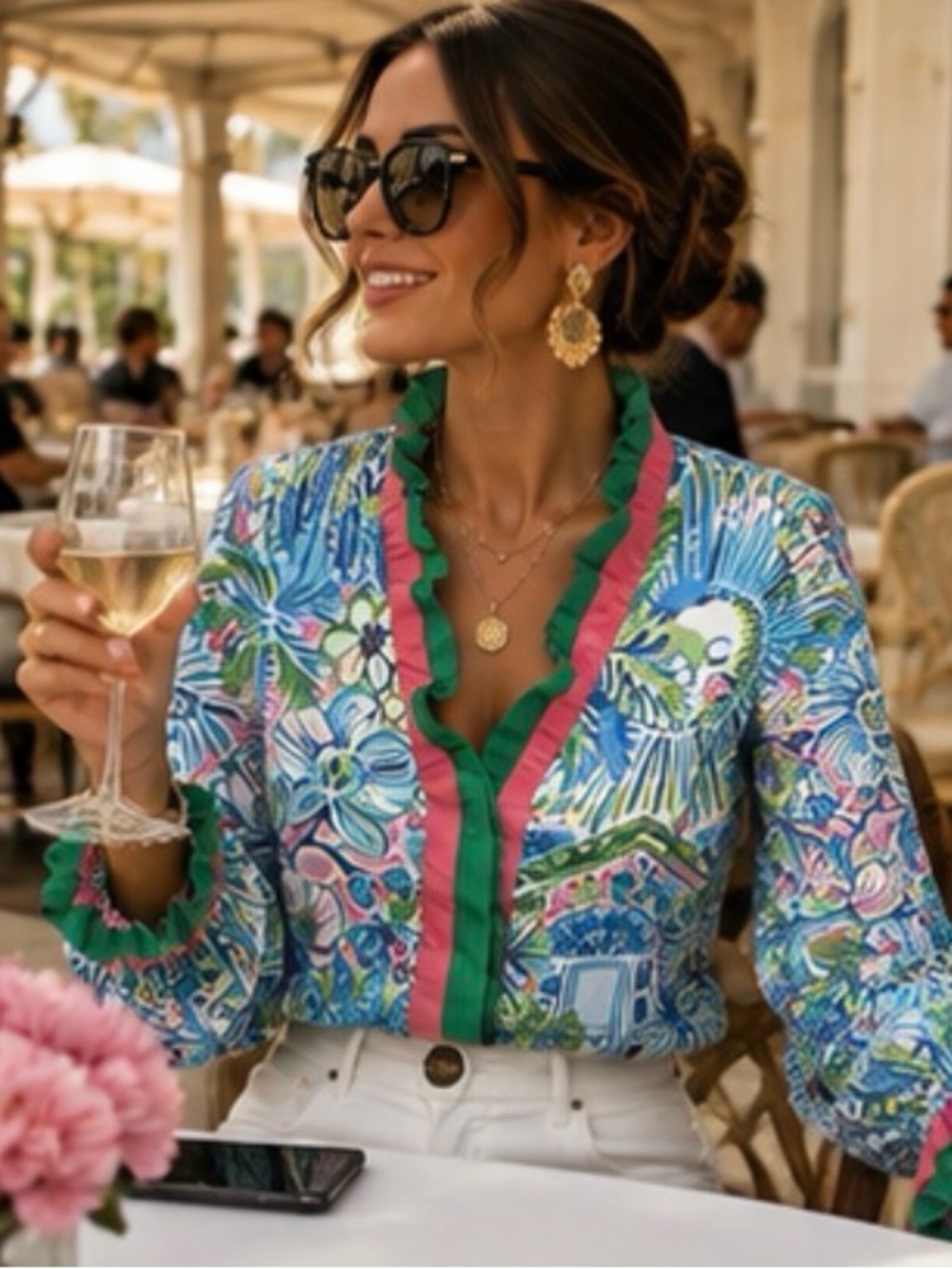 Palm Beach Floral Ruffle Blouse Resort Top Green Pink Blue Tuckernuck Style